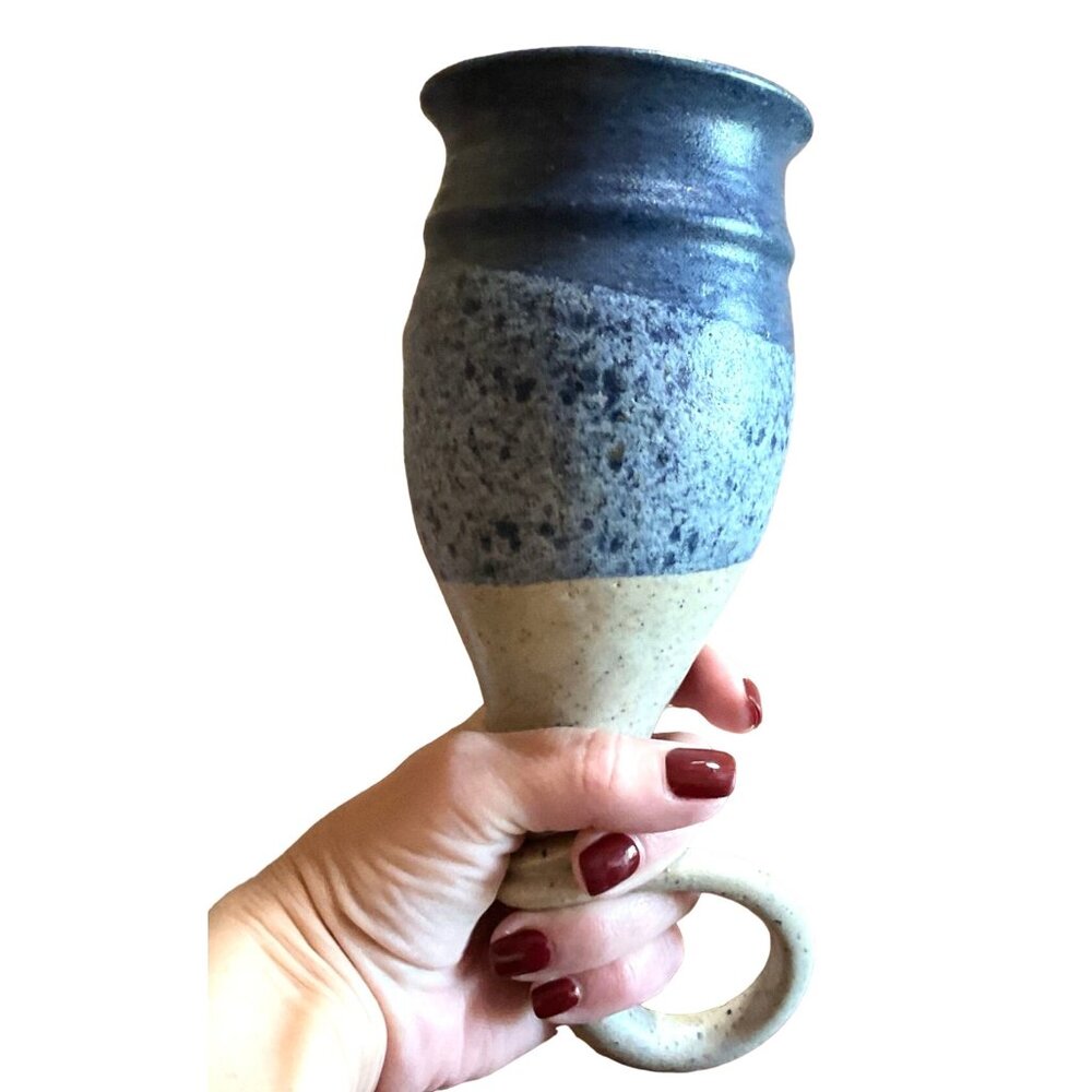 Irish 0rgy Horn Studio Pottery Goblet Speckled Clay Blue Glaze Handheld Vessel